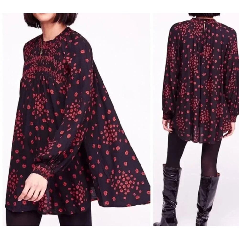 Free people Flower in Her Hair Smocked Tunic Top XS Oversized Boho Feminine